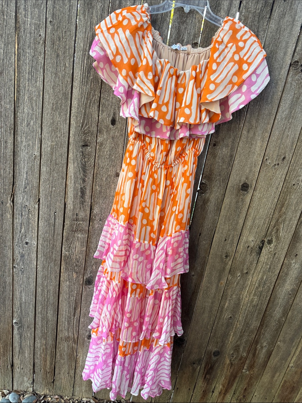 RHODE Orange and Pink Tiered Ruffle Maxi Dress